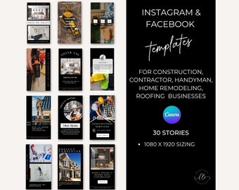 Plantillas de historias de redes sociales de empresas de construcción, historias de Instagram y Facebook de contratistas generales, marketing empresarial de mantenimiento y techado