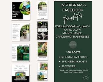 Plantillas de historias y publicaciones en carrusel de redes sociales de paisajismo, publicaciones e historias de Instagram y Facebook de servicios de cuidado del césped, marketing de servicios de jardinería