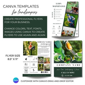 Op de afbeelding: Groene en witte flyer-sjabloon voor hoveniersbedrijven. De flyer bevat een bedrijfsnaam, aangeboden diensten, contactgegevens en een call-to-action. De flyer is 8,5 inch bij 11 inch.