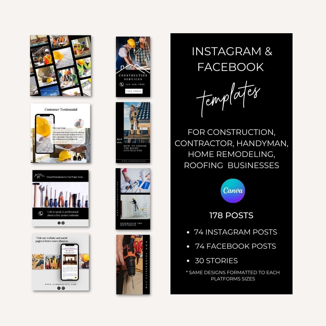 Plantillas de historias y publicaciones en carrusel de redes sociales de construcción, publicaciones e historias de Instagram y Facebook de contratistas generales, personal de mantenimiento, techado