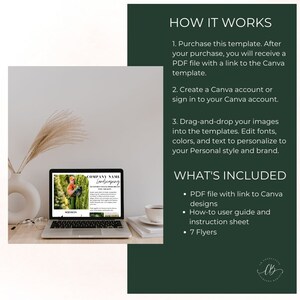 Op de afbeelding: Een laptopscherm met een landschapsontwerp-flyertemplate met de tekst "COMPANY NAME Landscaping" en een foto van een man in een groen shirt en een hoed. De tekst "HOW IT WORKS" en "WHAT'S INCLUDED" is zichtbaar aan de rechterkant van de afbeelding.