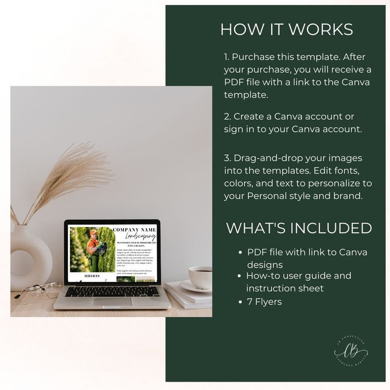 Op de afbeelding: Een laptopscherm met een landschapsontwerp-flyertemplate met de tekst "COMPANY NAME Landscaping" en een foto van een man in een groen shirt en een hoed. De tekst "HOW IT WORKS" en "WHAT'S INCLUDED" is zichtbaar aan de rechterkant van de afbeelding.