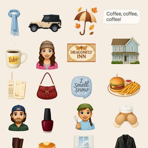May include: Digital emoji stickers featuring icons like a blue scarf, a beige Jeep, an umbrella with falling leaves, a coffee mug with "Luke's", a house, a red purse, a burger and fries, a nail polish bottle, a stack of pancakes, and a black blazer.