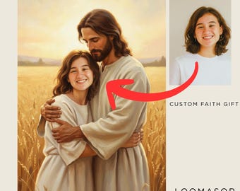 May include: An artistic rendering depicts Jesus embracing a woman, set against a wheat field and a warm, golden sky. The text "JESUS EMBRACING YOU" is at the top. A photo of a smiling woman is on the right, with the text "CUSTOM FAITH GIFT".