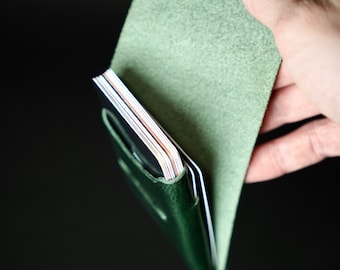 May include: A green leather wallet with a flap that opens to reveal a stack of cards.
