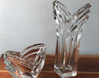 Mikasa Art Deco Lead Crystal cut lead flower bud vase 8 1/2” tall & rose bowl candle votive decorative decor heavy elegant Vintage -Set of 2