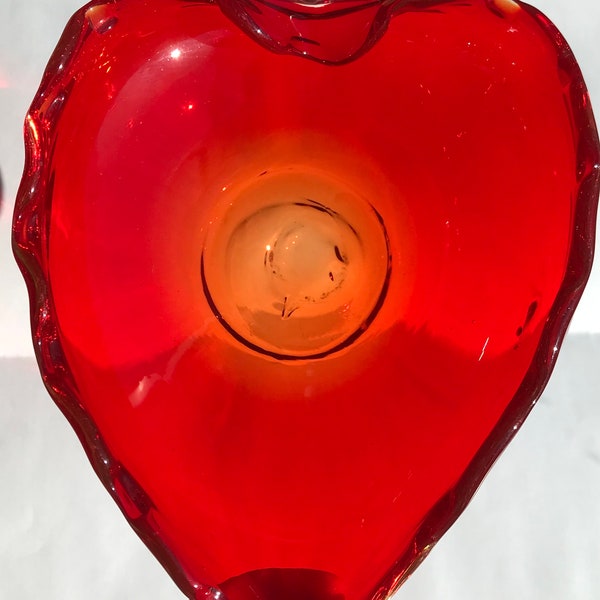 Ruby Red Dish With Amberina Tips and Center Handblown Glass 7” L x 5” W Wavy Scalloped Rim Collector Display Bowl Centerpiece Decor Vintage