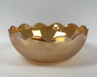 Naranja oro vieira borde carnaval vidrio ensalada de frutas postre caramelo exhibición vajilla tazón 7.25" W x 2.8" de profundidad patrón texturizado Vintage 1960s