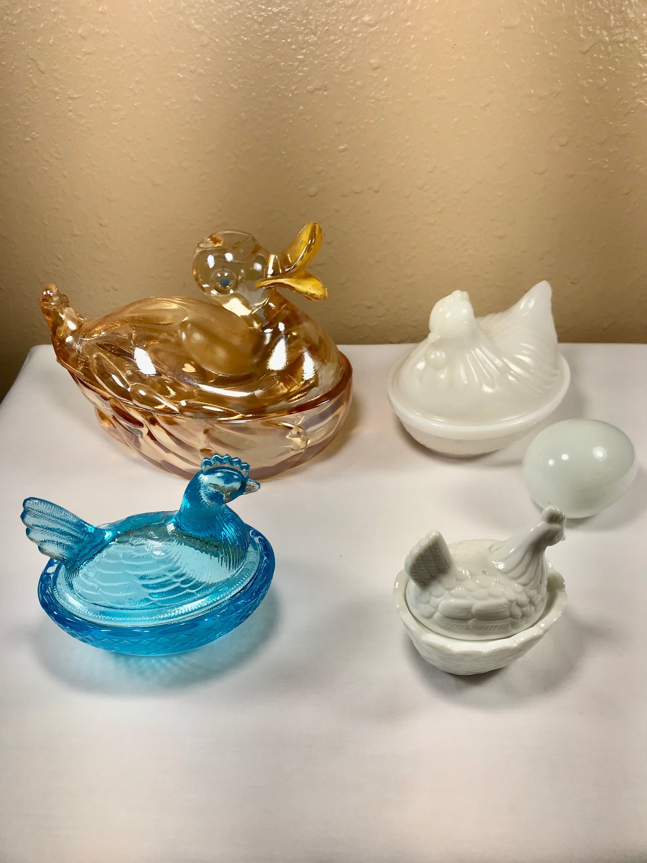 Jeanette Carnival Glass Nesting Duck Iridescent Milk Glass