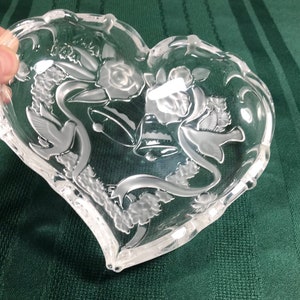 Mikasa Special Moments heart shape Tray with doves bells ribbon etched & frosted crystal candy nut trinket dish Wedding 6.75” x 1.5” Vintage