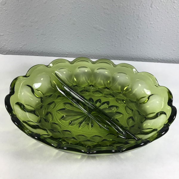 Anchor Hocking Avocado Green Fairfield Divided Relish Pickle Olive Candy Condiment Hostess Serving Dish 1970’s 7 x 5” Scalloped Edge Vintage