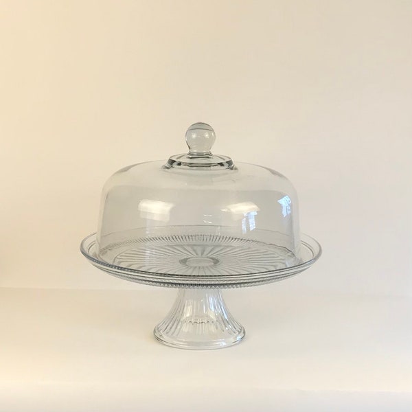 Anchor Hocking Canton Cake Stand w/ Dome or Punch Bowl Glass Cover Cupcake Cookie round 12” W  Ribbed pedestal platter serving 2-piece Vtg