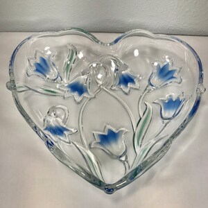 Mikasa Walther Glas Heart Shaped Crystal Bowl Colored Embossed Blue Bells Hostess Serving tray bowl Flower Dish 9” x 9.5” x 2.5” Tall