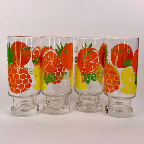 Bright Orange Yellow Pineapple Fruit Glasses Glassware Beverage Water Juice 14 oz Glass 6.5” T Retro Vintage K-Lor Potassium Promo Set of 4