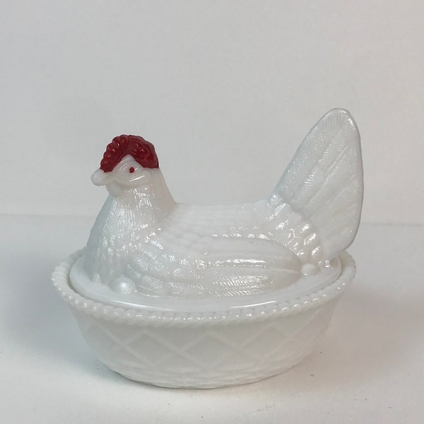 Hen on Nest Westmoreland Milk Glass Red Comb Nesting Chicken Dish Bowl 5” L x 4.25”W Decorative Rustic Farmhouse Country Ranch Decor Vintage