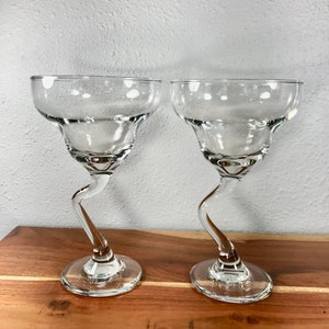 Crystal Hand Blown Crooked Bent Z Stem Martini Wine Margarita Barware Stemware Glasses Retro Unique Vintage Set of 2