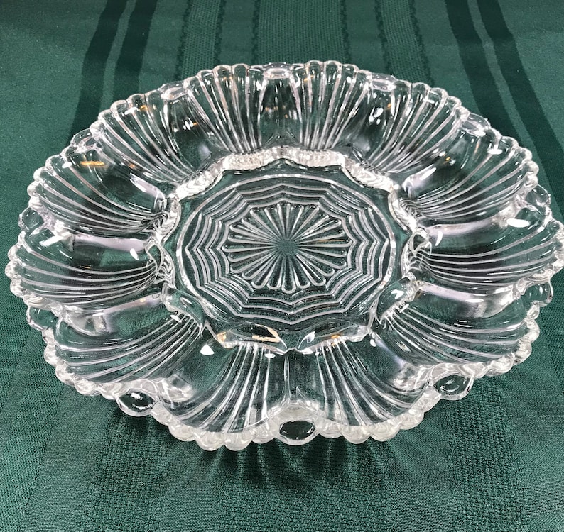Anchor Hocking Clear Glass 10 Deviled Egg Plate Platter Oyster Server