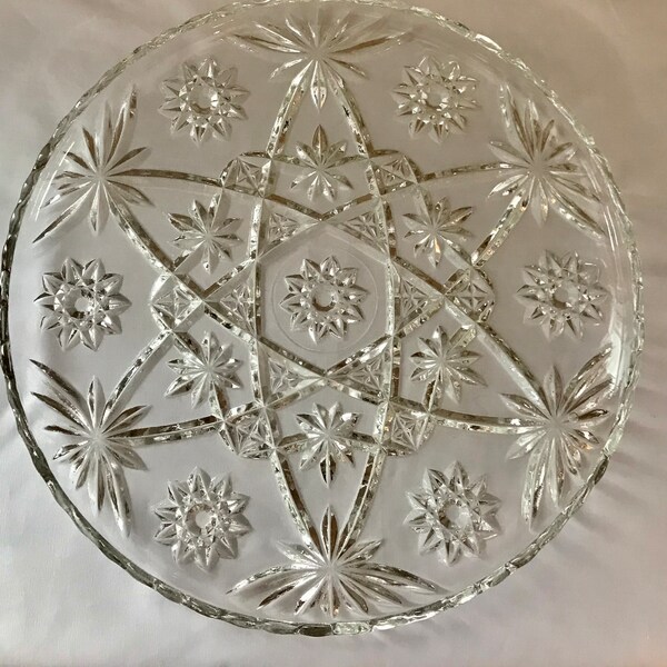 Anchor Hocking clear glass Early American Prescut cookie cake platter in Star of David pattern scalloped edges serving tray plate 11” EAPC