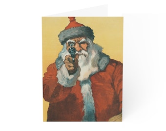 Könnte beinhalten: Eine Vintage-Illustration von Weihnachtsmann in einem roten Anzug mit weißem Bart und Hut, der eine Pistole hält und auf den Betrachter zielt.
