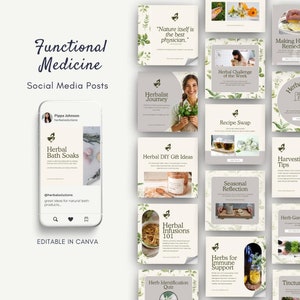 May include: A collection of social media posts for functional medicine, featuring a phone mockup with "Herbal Bath Soaks" and various square graphics with herbal themes, text, and images. The text includes "Functional Medicine" and "Editable in Canva."