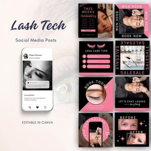 50 Lash Tech Instagram Posts, Eyelash Artist Branding, Lashes Extensions Post, Black and Pink Social Media Salon, Canva Templates, Luxury