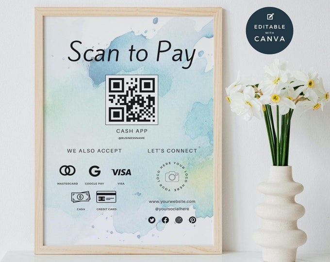 Scan to Pay Template Canva | Editable QR Code Table Sign | Printable ...