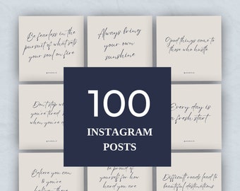 Può includere: Una collezione di 100 post di Instagram con citazioni ispiratrici. Ogni quadrato presenta una citazione diversa in una scrittura elegante su uno sfondo neutro. Un quadrato blu navy centrale mostra il numero "100" e le parole "Instagram Posts".