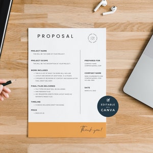 May include: A proposal template for a business or freelance project. The template includes sections for project name, scope, work includes, final files delivered, timeline, price, prepared for, company name, and date. The template is editable with Canva.