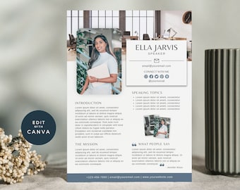 Speaker Sheet Canva Template, Professional Speaker Sheet, Author Media Kit, Keynote Speaker, Life Coach Poster, Contact 013-02 Slate Blue