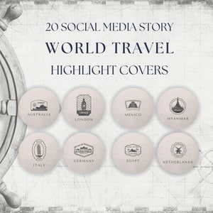20 Vintage Countries Instagram Story Highlight Covers, World Travel Highlights, Trip Icons, Country Landmark, Instant Download, Luxury