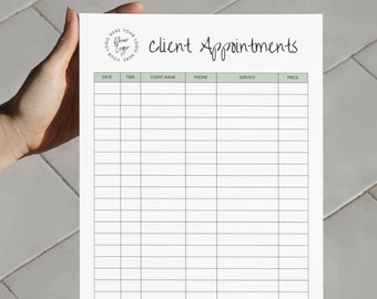 Salon Appointment Tracker | Client Service Record Sheet | Printable Customer Appointments | Nail Tech Beauty Salon Makeup Lash Session Green