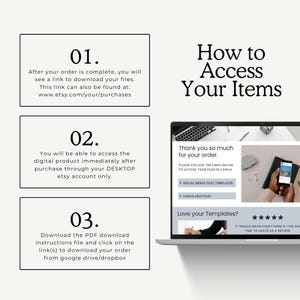 May include: A how-to guide for accessing digital products purchased on Etsy. The guide includes three steps: 1. After your order is complete, you will see a link to download your files. 2. You will be able to access the digital product immediately after purchase through your desktop Etsy account only. 3. Download the PDF download instructions file and click on the link(s) to download your order from Google Drive/Dropbox.