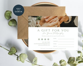 Gift Certificate Template, Editable Wedding Photography Gift Certificate, Canva, Photographer Gift Voucher, Photography Gift Card, Green