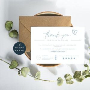 Small Business Thank You Card Template, Editable Thanks For Your Purchase Card, Printable Package Insert, Appreciation Notes, Pale Blue