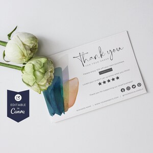 Small Business Thank You Card Template, Editable Thanks for Your Business, Printable Appreciation, Receipt Insert, Notecard, Abstract Green
