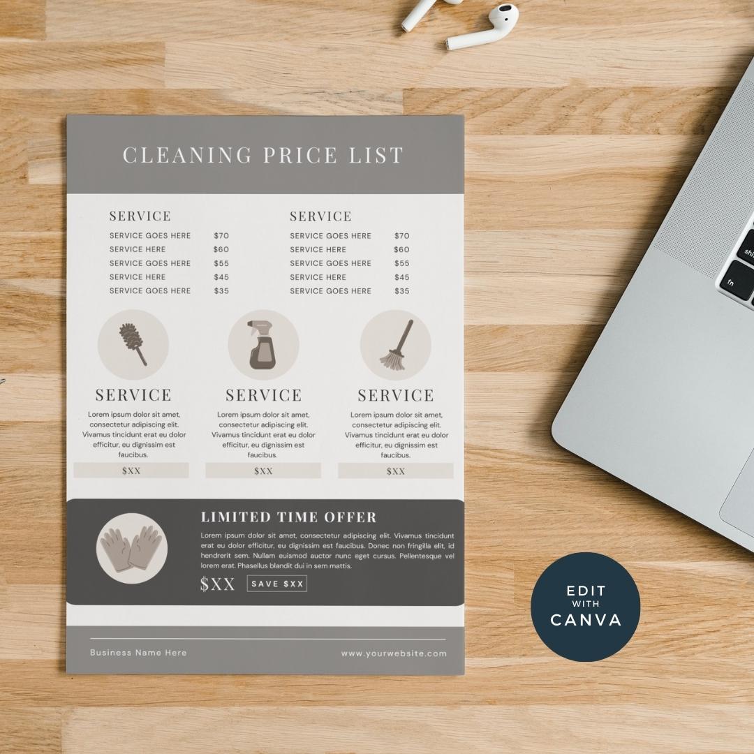 Menu Cleaner House Cleaning Price List Template | Editable Service Menu | Cleaner ...