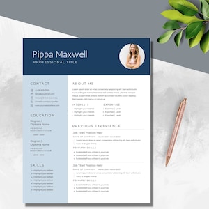 Canva Resume with Photo Template | 4 Page Easily Customizable CV | Editable Cover Letter | Professional | Modern and Simple | Navy