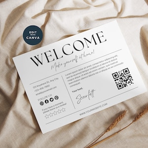 Airbnb Welcome Card Canva, VRBO Host Hello, Editable Rental Template, Visitor Greeting, Customize Guest Thanks, Vacation WiFi, Monochrome