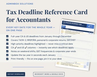 Tax Deadline Reference Card Canada US | Editable Word Document, CRA IRS Key Dates, Rrsp, Gst, Corporate, Personal Returns | Instant Download