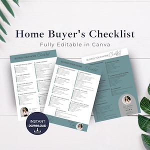Könnte beinhalten: Eine druckbare Checkliste für Hauskäufer mit einem Teal- und Weiß-Farbschema. Die Checkliste trägt den Titel "Buying Your Home Checklist" und umfasst Schritte wie "Partner with an Agent", "Get Pre-Approved", "Find Your New Home", "Make Offer & Negotiate", "Before You Close", "Closing Day What to Bring", "Closing Day" und "Under Contract".