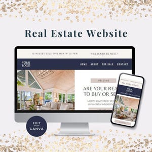 May include: A mockup of a real estate website on a computer screen and a mobile phone. The website has a blue and white color scheme and features a photo of a modern home. The text on the website says "Are your ready to buy or sell?" and "15 houses sold this month so far! Will yours be next?"