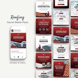 Puede incluir: Nueve plantillas de publicaciones en redes sociales para una empresa de techado. Las plantillas presentan esquemas de colores rojo y blanco con imágenes de techos y techadores. El texto en las plantillas incluye frases como "¡Transformación de techo impresionante!" y "¡Techo fuerte aumenta el atractivo de la acera!"