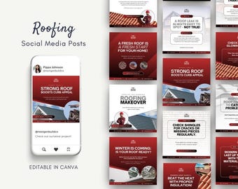 Roofing Home Improvement Construction Gutter Business Editable Canva Instagram Facebook Social Media Posts Templates Kit Bundle for Roofers