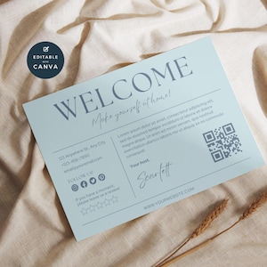Airbnb Welcome Card Canva, VRBO Host Hello, Editable Rental Template, Visitor Greeting Card, Customize Guest Thanks, Vacation Home, Blue