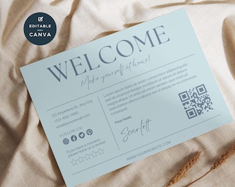 Airbnb Welcome Card Canva, VRBO Host Hello, Editable Rental Template, Visitor Greeting Card, Customize Guest Thanks, Vacation Home, Blue