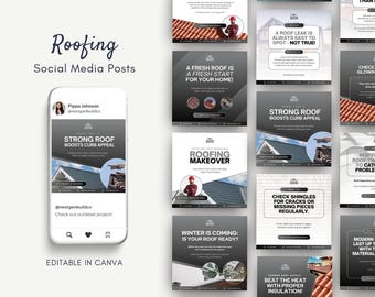 Roofing Home Improvement Construction Gutter Business Editable Canva Instagram Facebook Social Media Posts Templates Kit Bundle for Roofers