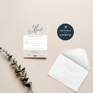 May include: A beige gift certificate template with the text "Gift Certificate" in black cursive script. The template is editable with Canva and includes space for a business name, phone number, website, and social media handles.