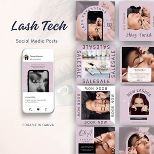 50 Lash Tech Instagram Posts, Eyelash Artist Branding, Lash Extensions Post, Black and Pink Social Media Salon, Canva Templates, Luxury