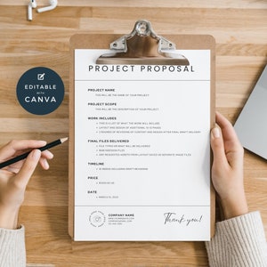 May include: A black and white project proposal template with the title "Project Proposal" and the text "Editable with Canva". The template includes sections for project name, project scope, work includes, final files delivered, timeline, price, and date.