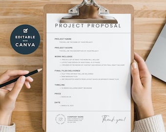 Könnte beinhalten: Eine schwarz-weiße Projekt-Vorschlagsvorlage mit dem Titel "Projekt-Vorschlag" und dem Text "Bearbeitbar mit Canva". Die Vorlage enthält Abschnitte für Projektname, Projektumfang, Arbeitsumfang, Enddateien, Zeitplan, Preis und Datum.